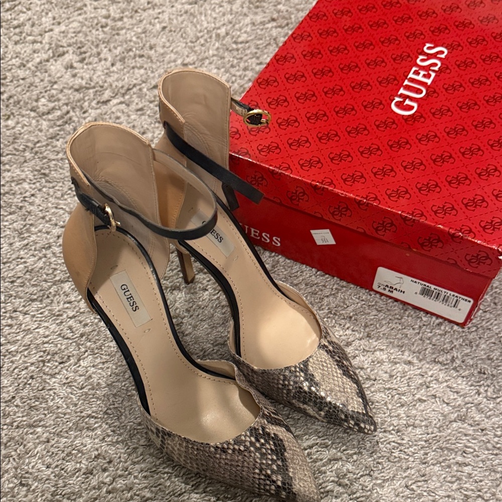 Guess Snakeskin Ankle Strap Heels - Beige and Black